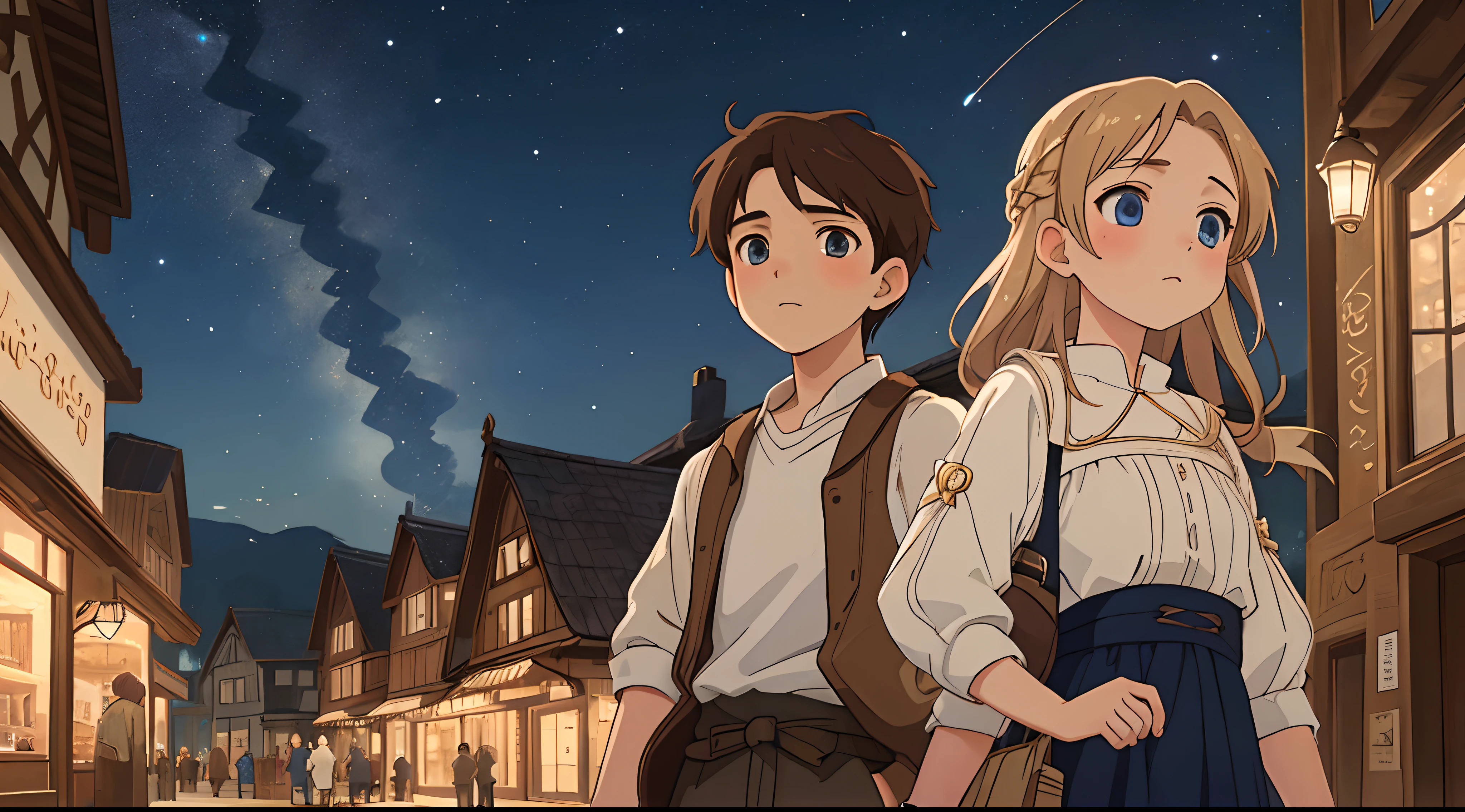 (Best quality:1.2), (masterpiece:1.2), (highly detailed:1.3), 1boy,1girl, 1 younger peasant boy, brown hair, brown eyes, sad and 1 younger peasant girl, blonde, blue eyes , outside a store, Starry sky, Sparse light, Night, anime