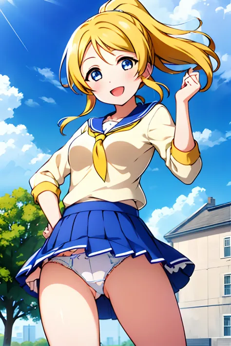 In other words_Ayase、blue eyess、(Yellow hair:1.2)、​masterpiece、top-quality、One girl、:D、‎Classroom、in a house、looking looking at viewer、neckerchief、open open mouth、pleatedskirt、red neckerchief、校服、serafuku、shortsleeves、独奏、(Skirt lift:1.3), (white  panties:1....