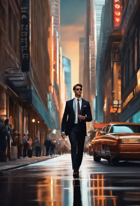 A stylish and sophisticated brown-haired man confidently striding through a bustling city in a sleek black suit.