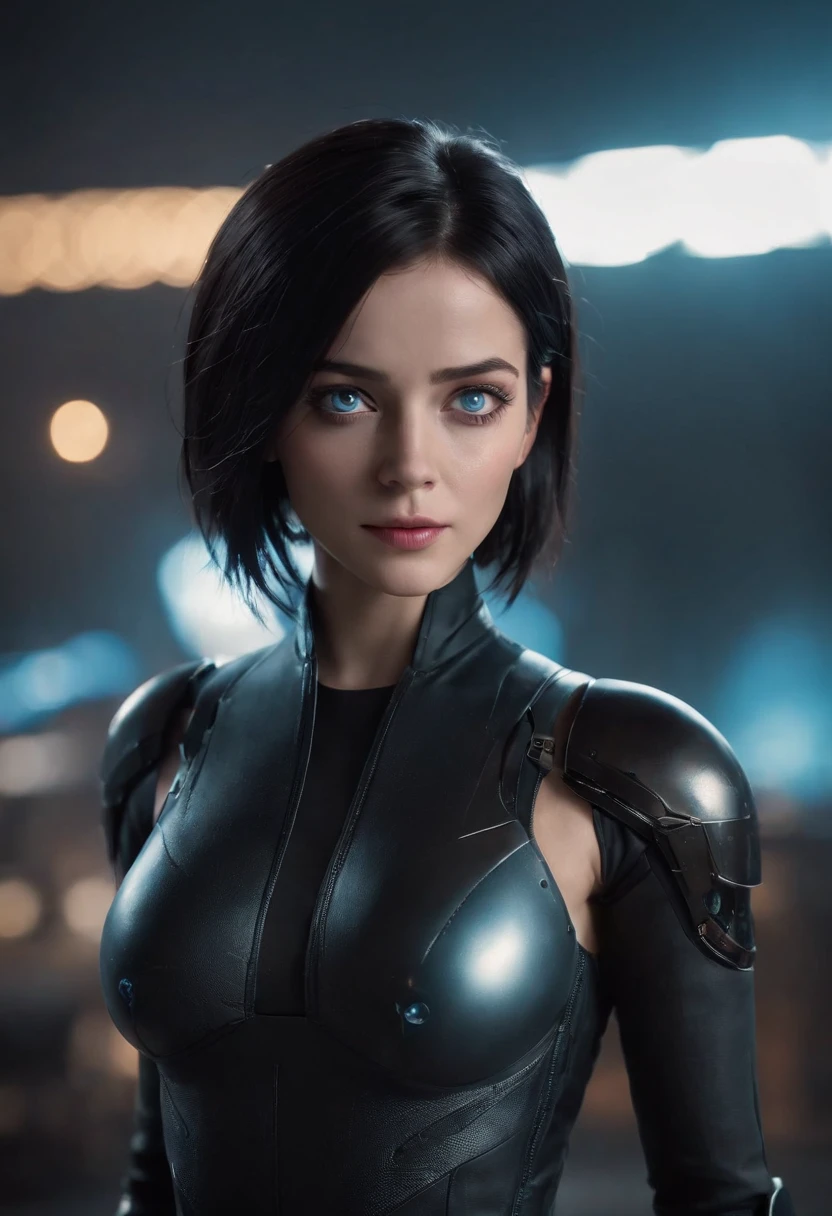 (Masterpiece: 1.21), (Best quality), Highly detailed, Ultra detailed, 1 short hair girl, (Black hair:1.2),(Glow eyes: Black tight suit : 1.2, thin long ears: 0.8), (Big light blue eyes:1.2),(Cyberpunk: 1.2), (Fantasy landscape: 1.2, natural  lightting: 1.5, Confident expression), (Pert breasts:1.2),(in a panoramic view: 1.2), Smile, Angle, alita, Cyberpunk dark black background