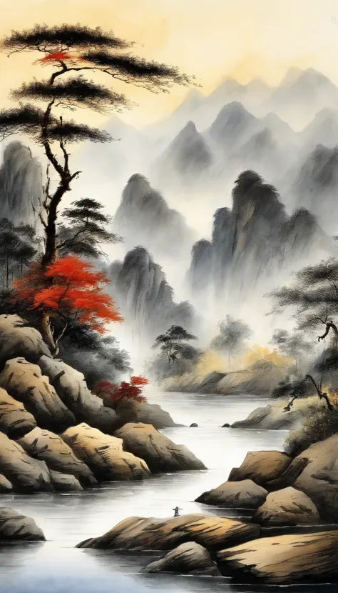 Chinese landscape painting，ink and watercolor painting，water ink，ink，Smudge，Faraway view，Ultra-wide viewing angle，Meticulous，Light boat in the distance，Faraway view，Meticulous，Smudge，low-saturation，Low contrast，The light boat has crossed the Ten Thousand H...