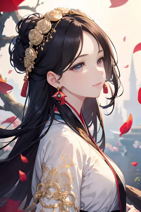 Mature girl , black hair, floating hair, delicate and smart eyes, intricate damask hanfu, gorgeous accessories, wearing pearl earrings, FOV, f1.8, masterpiece, complex scene, petals flying, front portrait shot, Chang'e