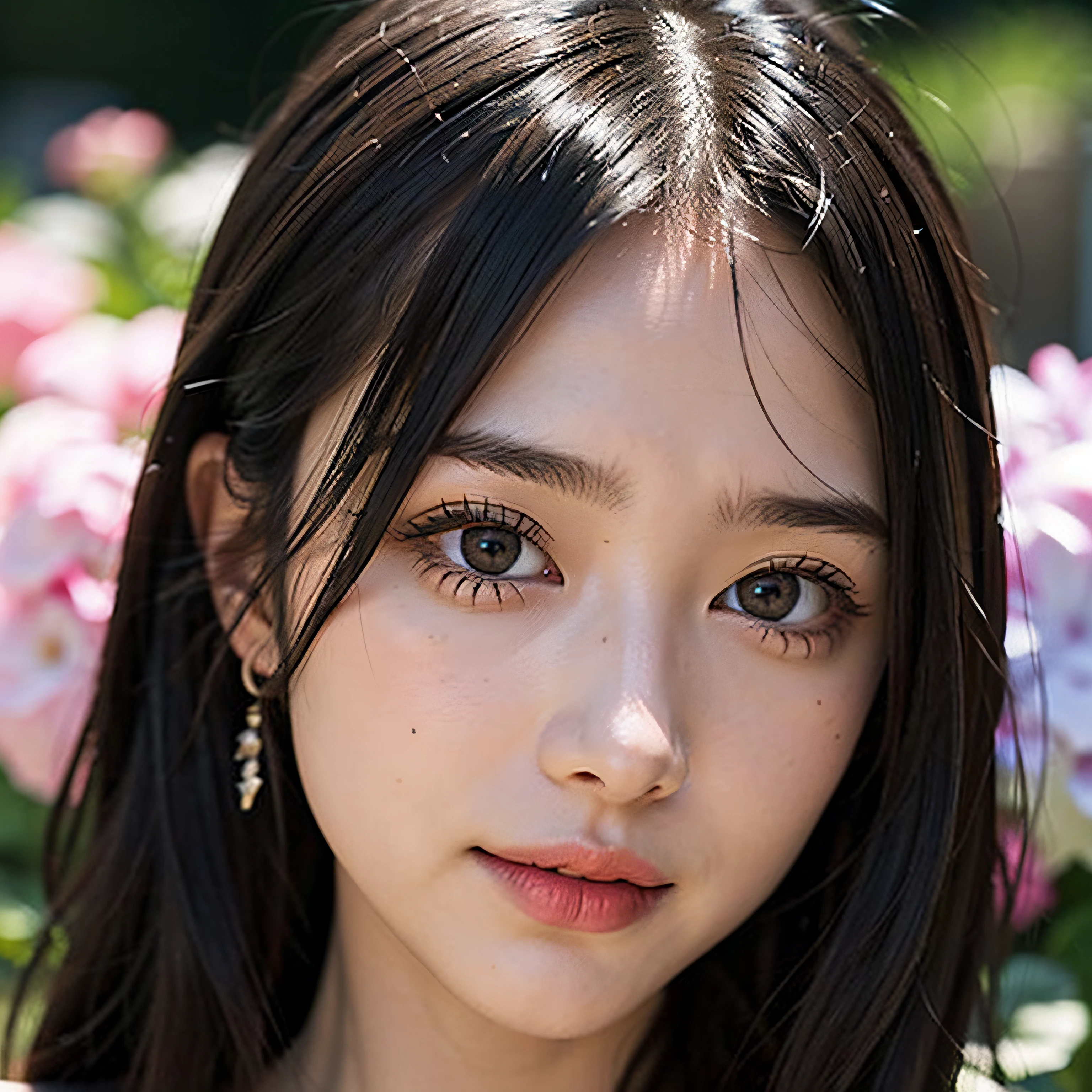 Realistic, 1girl in, Dark hair, dark brown eyes, Bright eyes, Split lips, blush, Cute, garden, day, Flowers.