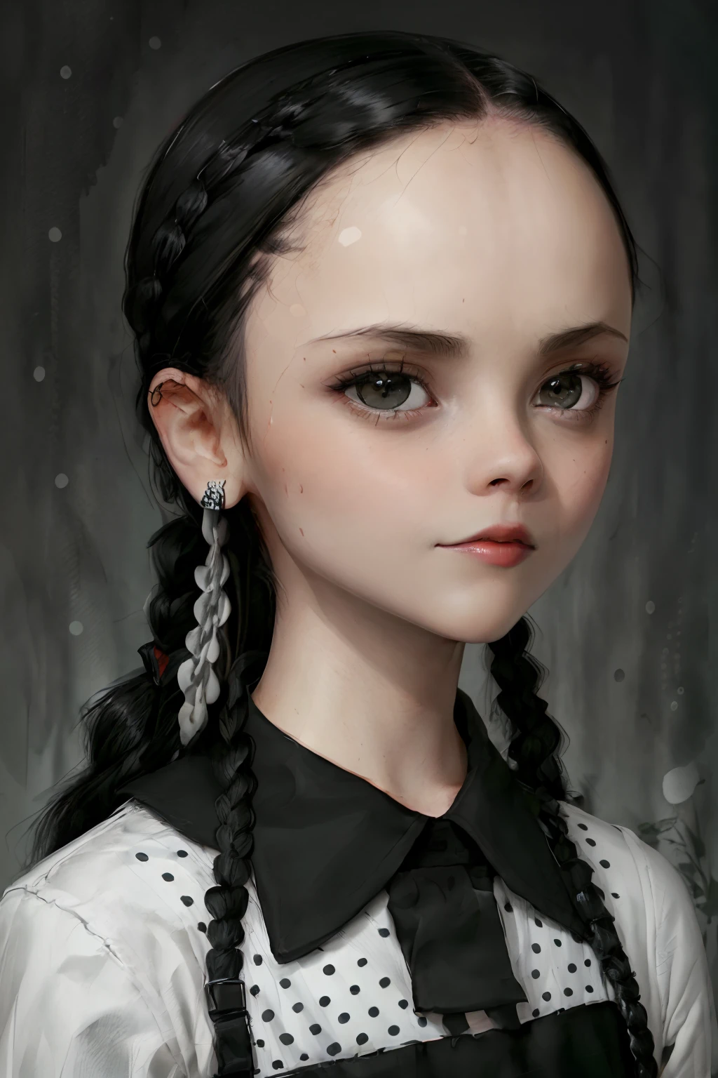 an extremely detailed digital illustration, high resolution, masterpiece, (of Chr1st1naR1cc1 as Wednesday Addams), black hair, (twin braids:1.2),   cowboy shot,
long hair, looking at viewer, (black onepiece with white polka dots, with white collar),  bangs, black eyes, short sword, grumpy face, glaring,  from above, front view,
 at night, dark ambient lighting, , wednesday addams, lightning