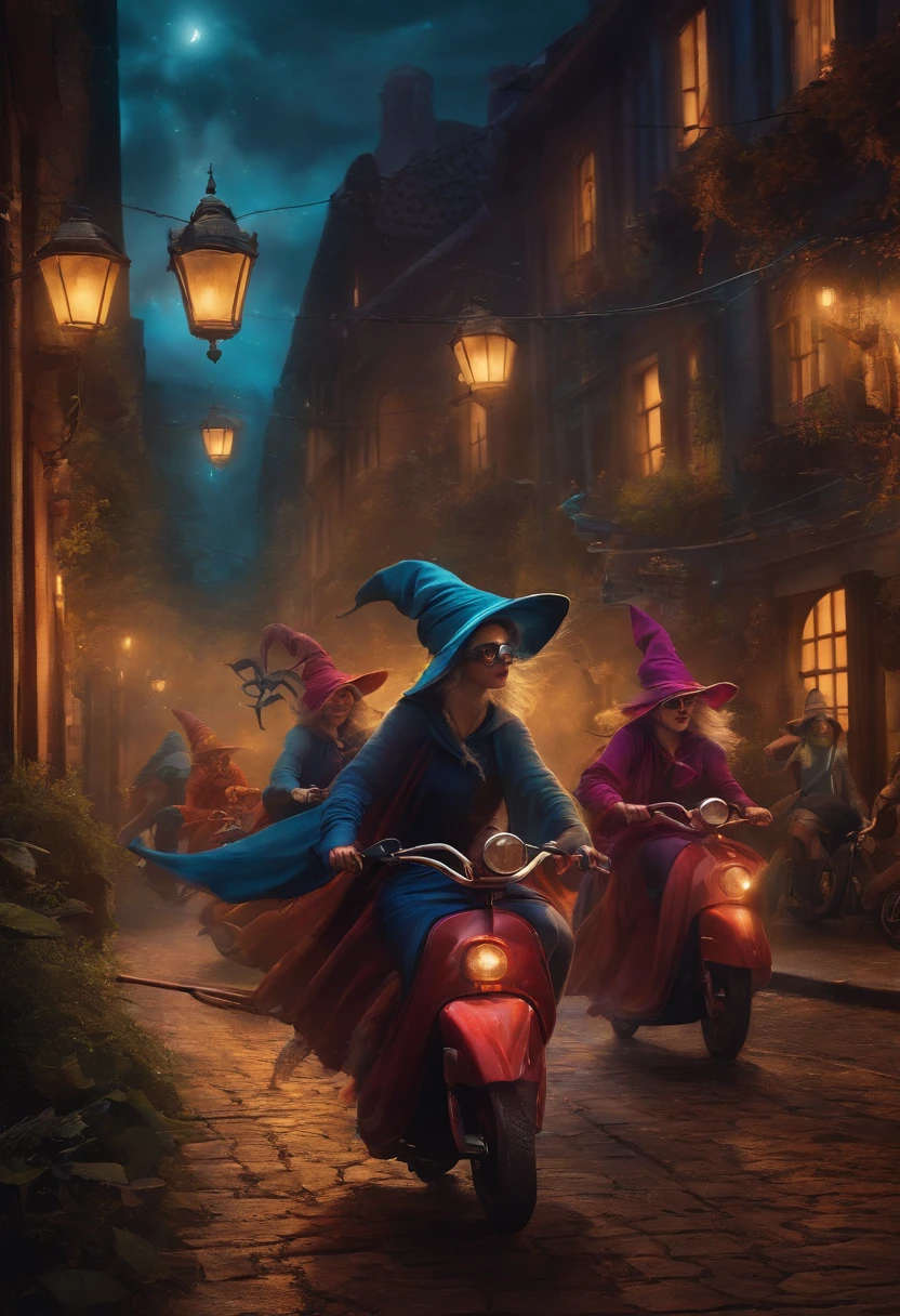 Imagine uma estampa para camisetas, that shows a group of witches on a magical adventure in the city at night, with their brooms turned into flying scooters and wearing magical sunglasses.