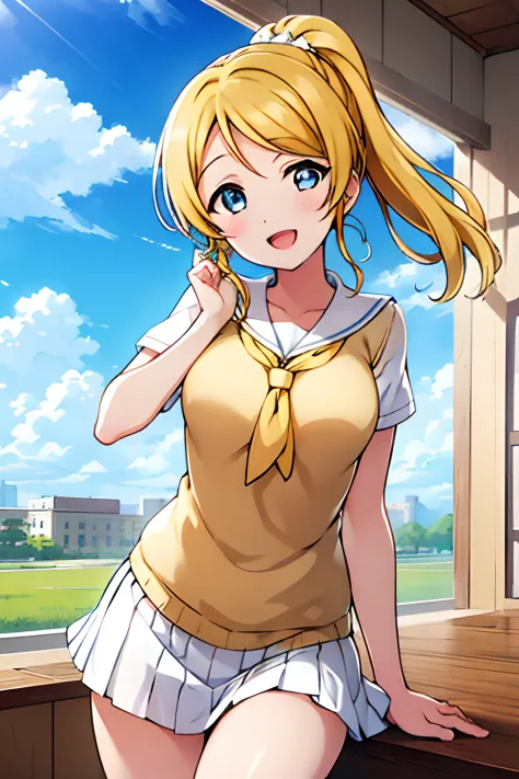 In other words_Ayase、blue eyess、(Yellow hair:1.2)、​masterpiece、top-quality、One girl、:D、‎Classroom、in a house、looking looking at viewer、neckerchief、open open mouth、pleatedskirt、red neckerchief、校服、serafuku、shortsleeves、独奏、(Skirt lift:1.3), (white  panties:1....