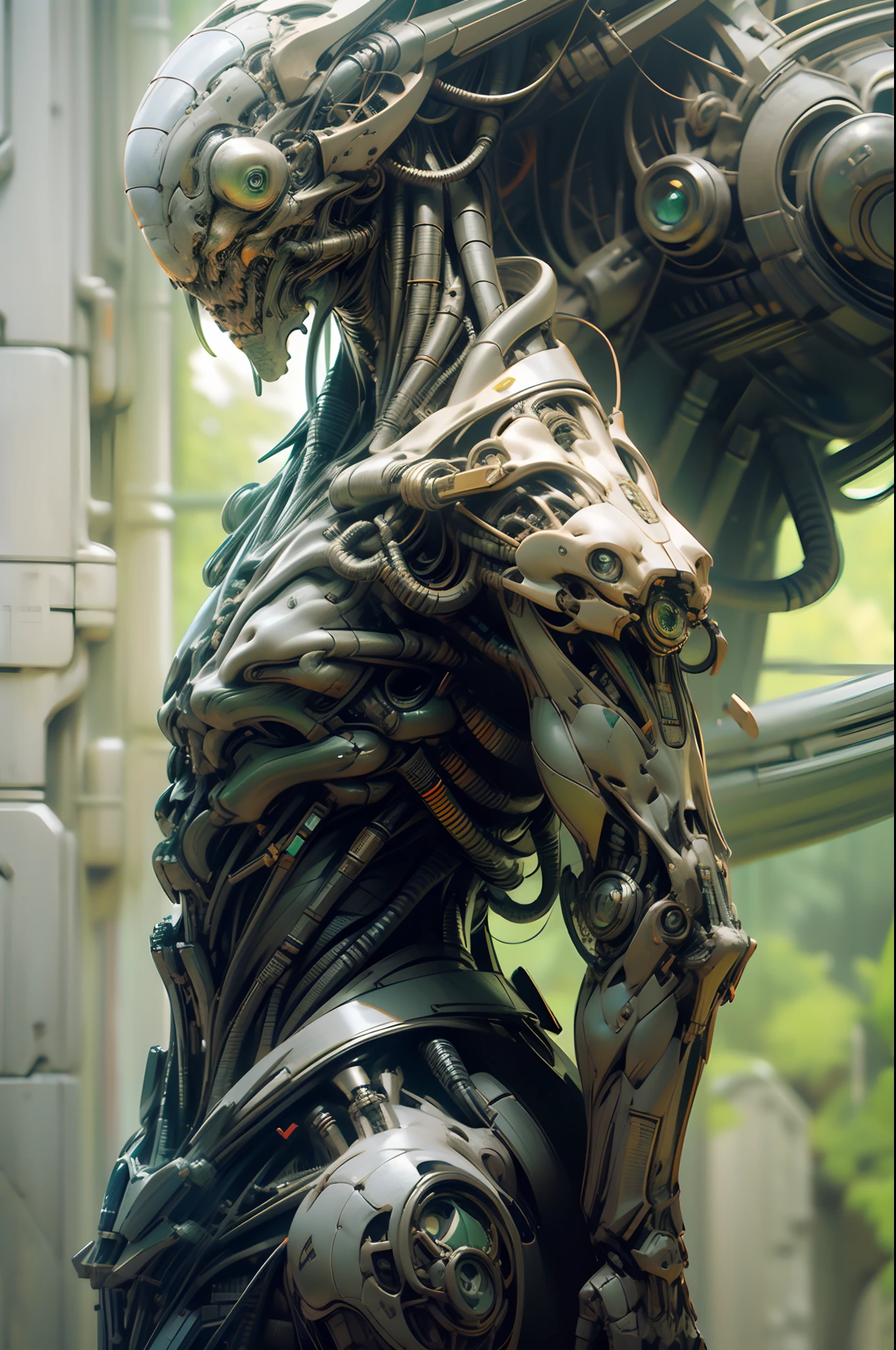 *A close up of a robot's face and head, sci-fi humanoid lizard, stunning 3d render, 3 dmax, detailed, green skin, full view of face and body, octane render, realistically rendered face, interconnected human lifeforms, alien*