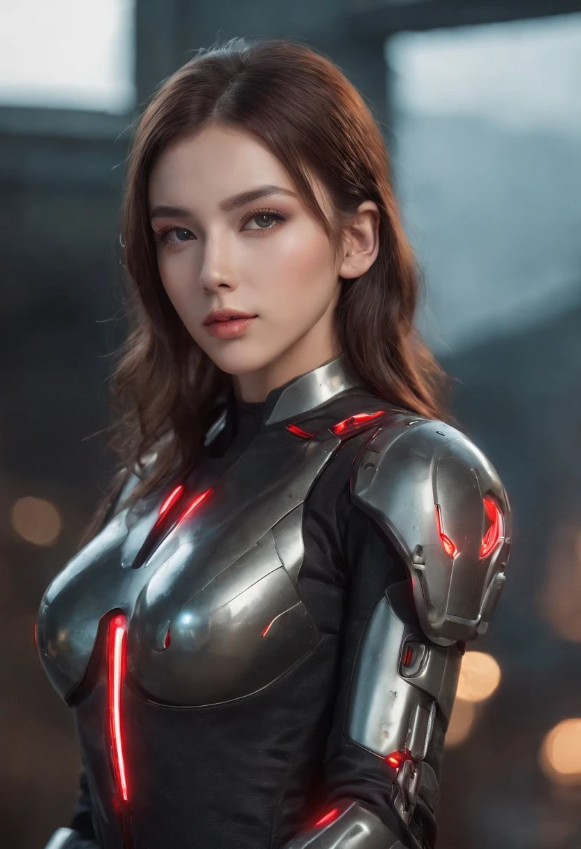 fully body photo，Wearing a mecha combat suit，Bright red reflective color scheme，Possession of firearms and weapons，Latex texture，Boots on his feet，Shiny hair，Full breasts，Muscles full of strength，Slender thighs，Full body portrait photo，Realistic graphics，Exquisite facial features，Full buttocks， (RAW photo, Highest quality, Full body photo，Masterpiece: 1.2), (Realistic, Photorealistic: 1.4), (Masterpiece: 1.4), (Highest quality: 1.4), (Super detailed), ((High contrast)), (High saturation), (Beautiful detail eyes), ((Very delicate and beautiful)), (Lovely hands, Perfect hands), ((five precise fingers, feminine beautiful fingers)), (The background is a mechanical network city without people), One girl，Attractive pose，perfect thighs，cyberpunk backgrouns，blue hairs