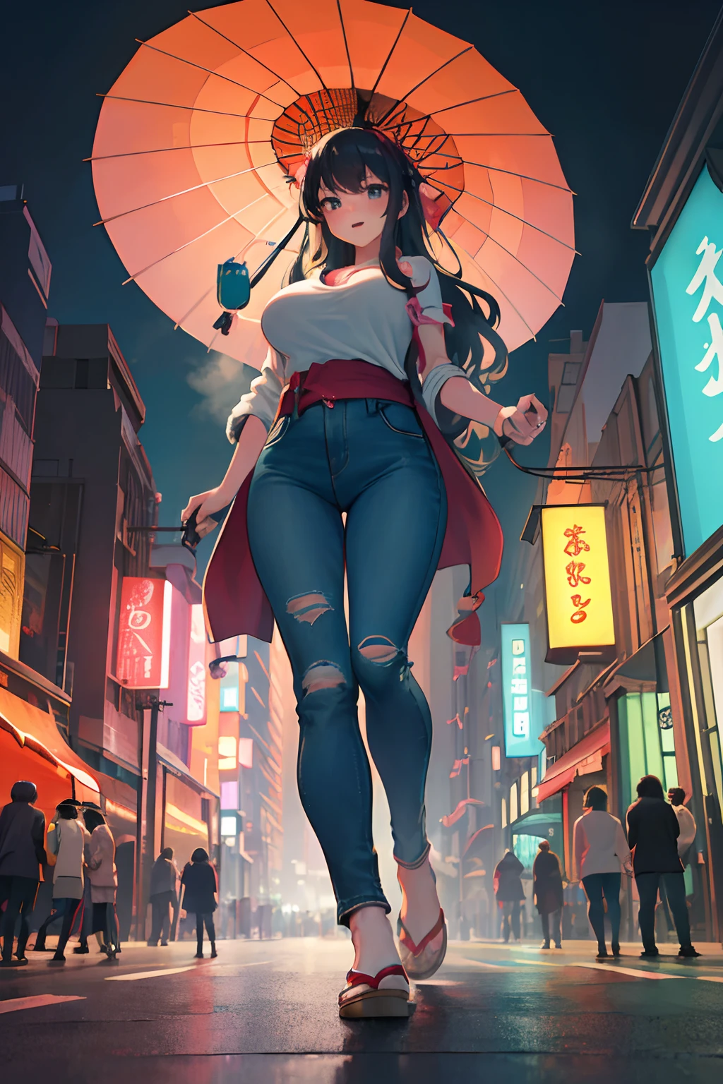 A woman with an umbrella walking down a street in a city - SeaArt AI