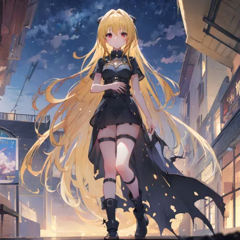 masterpiece, best quality, ultra-detailed, illustration, 1girl, solo, fantasy, flying, floating, Yami the Golden Darkness as a f...