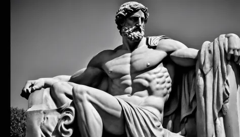 an ancient Greek statue, strong and muscular, image in black and white.