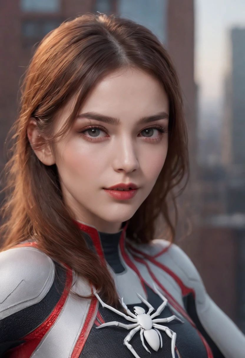 (1 girl:1.3), Solo, (((Highly detailed face)))), ((Highly detailed eyes and face)))), Beautiful detailed eyes, Body parts__, official art, unified 8k wallpaper, ultra detailed, beautiful and beautiful, beautiful, masterpiece, best quality, original, masterpiece, ultra fine photography, best quality, ultra high definition, realistic realism, sunlight, full body portrait, amazing beauty, Dynamic pose, delicate face, vivid eyes, (from the front), she is in a spider-man suit, red and black color scheme, spider, highly detailed city roof background, rooftop, overlooking the city, detailed face, detailed complex busy background, messy and gorgeous milky white, highly detailed skin, realistic skin details, visible pores, clear focus, volumetric fog, 8k UHD, DSLR, high quality, Film grain, fair skin, photorealism, lomography, futuristic dystopian megalopolis, translucent, eros, clothes with chest visible, crotch area fully visible, sheer