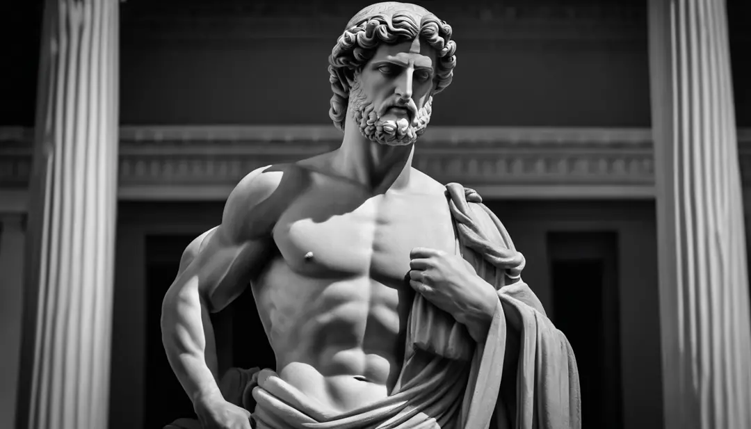 an ancient Greek statue, strong and muscular, image in black and white ...