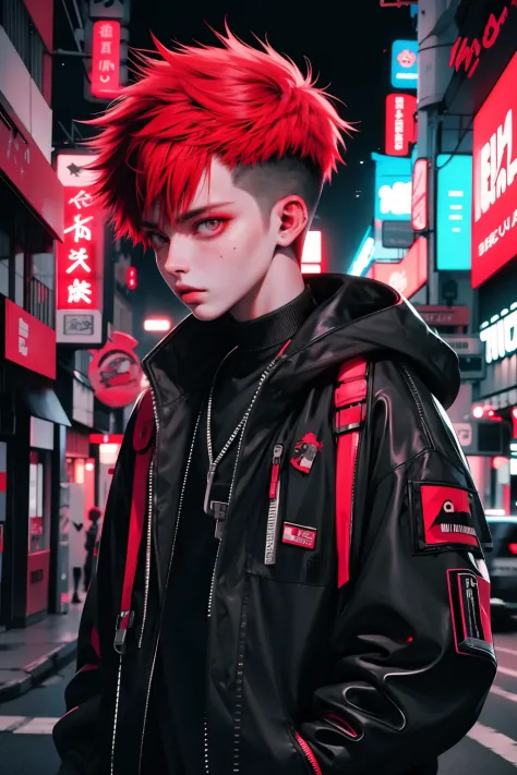 boy walking, half body shot, white red hair, cool black open short jacket, messy fade cut hair, crazy, on futuristic neon night ...