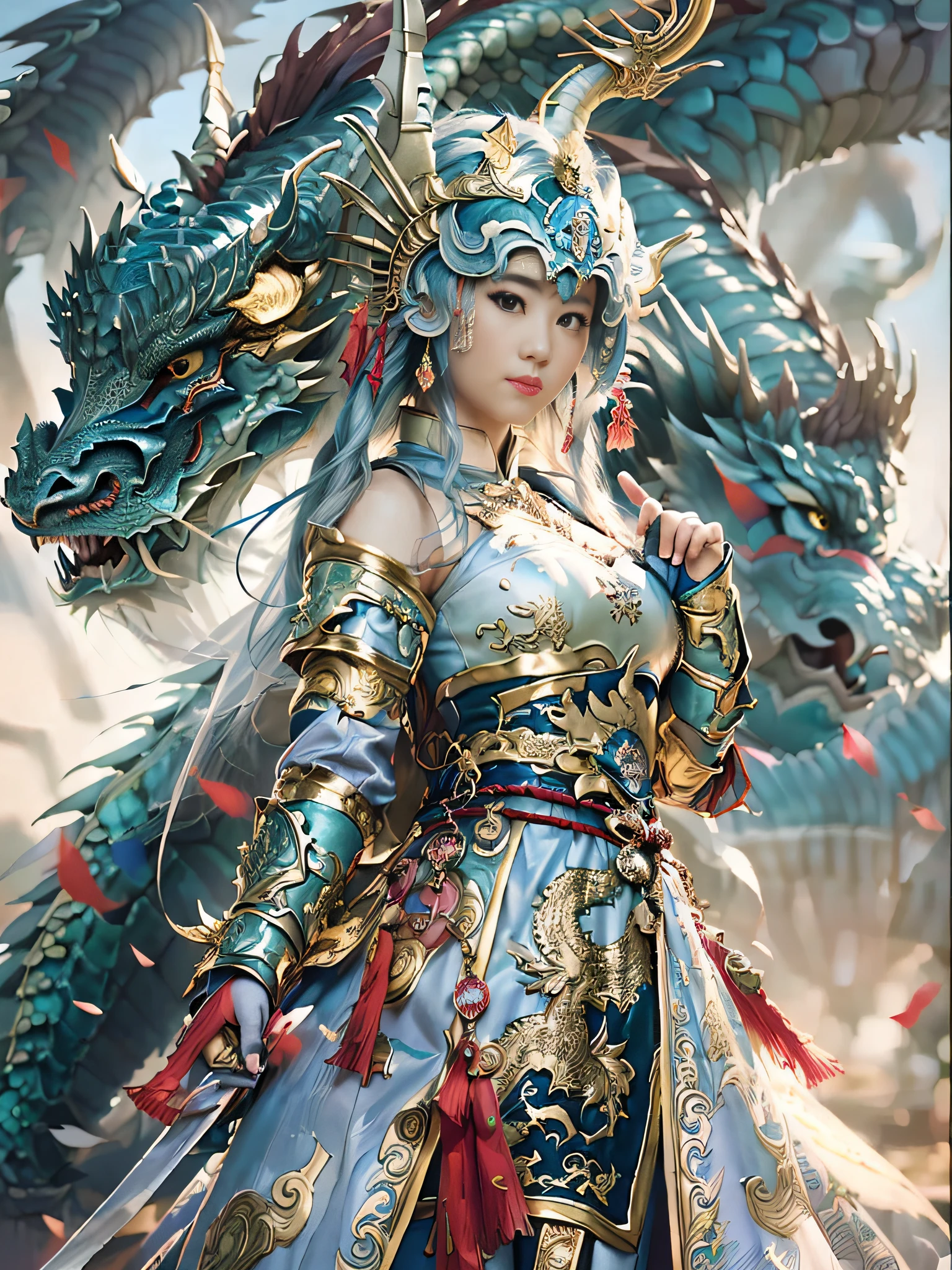 Mujer de Arad vestida de azul y dorado con dragón., Ruan Jia and Artgerm, by Yang J, el retrato de la niña dragón, Artgerm and Ruan Jia, fantasía china, una hermosa emperatriz de fantasía, inspirado en Lan Ying, ((una hermosa emperatriz de fantasía)), bebió, hermosa pintura de personajes, cgsociety y fenghua zhong
