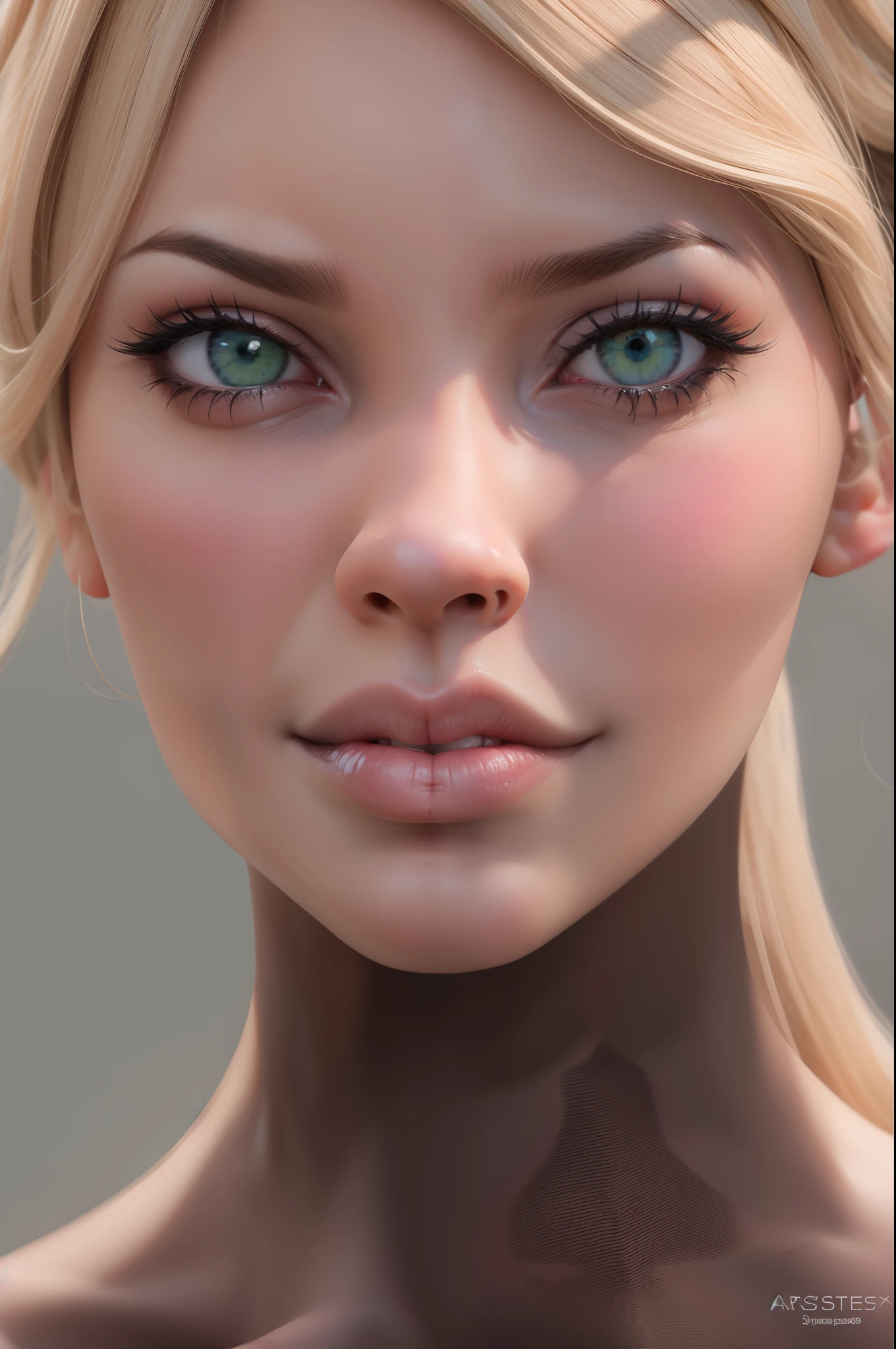 obra-prima, melhor qualidade, trabalho de rending 3d, estilo 3DMM, close-up, retrato, 3D, atriz Scarlett Johanssone, solo, cabelo castanho, colar de corda, olhando para o lado, realista, parte superior do corpo, fundo simples, franja, olhando para longe, cabelo preto longo, lips parted, maquiagem, cabelo encaracolado castanho longo, olhos verdes, lingerie rosa, decote, aerith gainsborough, aerith