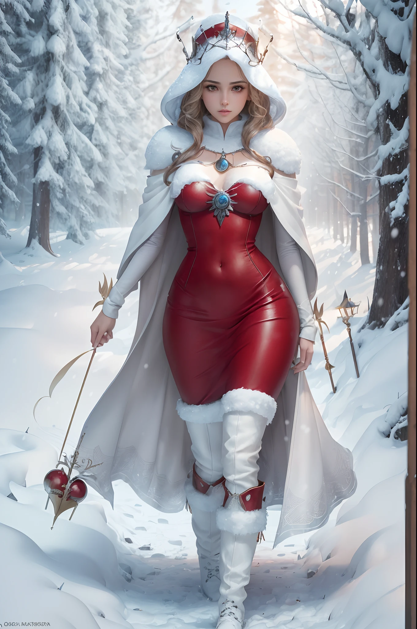 A woman in a red dress and white cape is walking through the snow - SeaArt  AI