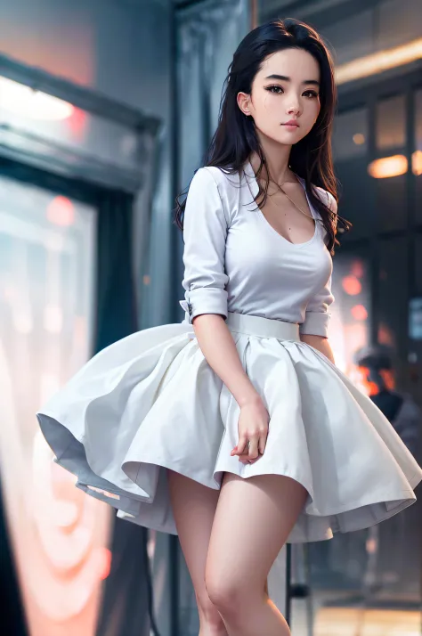 White shirt，Girl in hip skirt，beautiful teenage girl，exquisite facial features，Stand and turn to face the audience