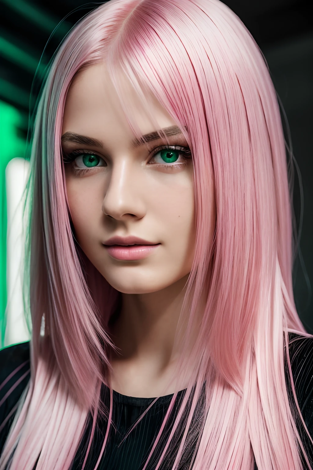 Photograph of a beautiful girl, 18 years old, fair skin, slender body, straight pink hair, long hair, stylish feminine haircut, attractive face, feminine face, bright green eyes, serious features, straight nose, detailed face, full lips, wearing stylish black feminine clothing, posing for a photo, edited in Adobe Premiere, 8k