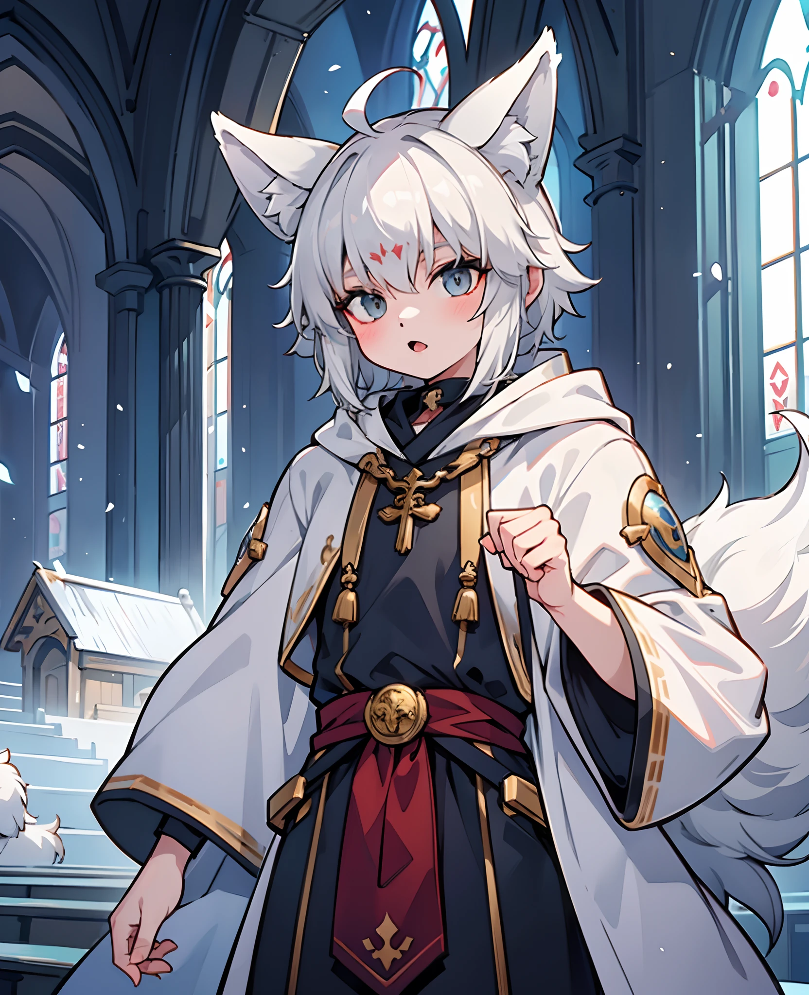 high detail, hyper quality, high resolution, 1080P, solo, furry, (male arctic fox: 1.5), (gray fur: 1.5), (gray skin: 1.5), gray ears, golden eyes, canine paws, (fluffy tail: 1.2), detailed characters, (furry of animal ears), priest costume, priest robe, priest hat, World of Warcraft style, Stand in a church with dim background and natural lighting