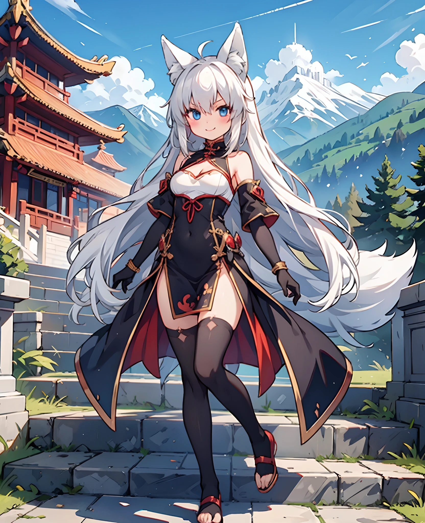 yukino, long hair, fox ears, fox tail, short eyebrows,, full body, smile, blush, outdoors, day, simple background, blue sky, sky, temple, looking at viewer, stairs, mountain, moody lighting, facing viewer, thighhighs, dress, black thighhighs, chinese clothes, toeless legwear, china dress, cleavage cutout, white dress, elbow gloves, clothing cutout, bare shoulders, gloves, pelvic curtain, detached sleeves,