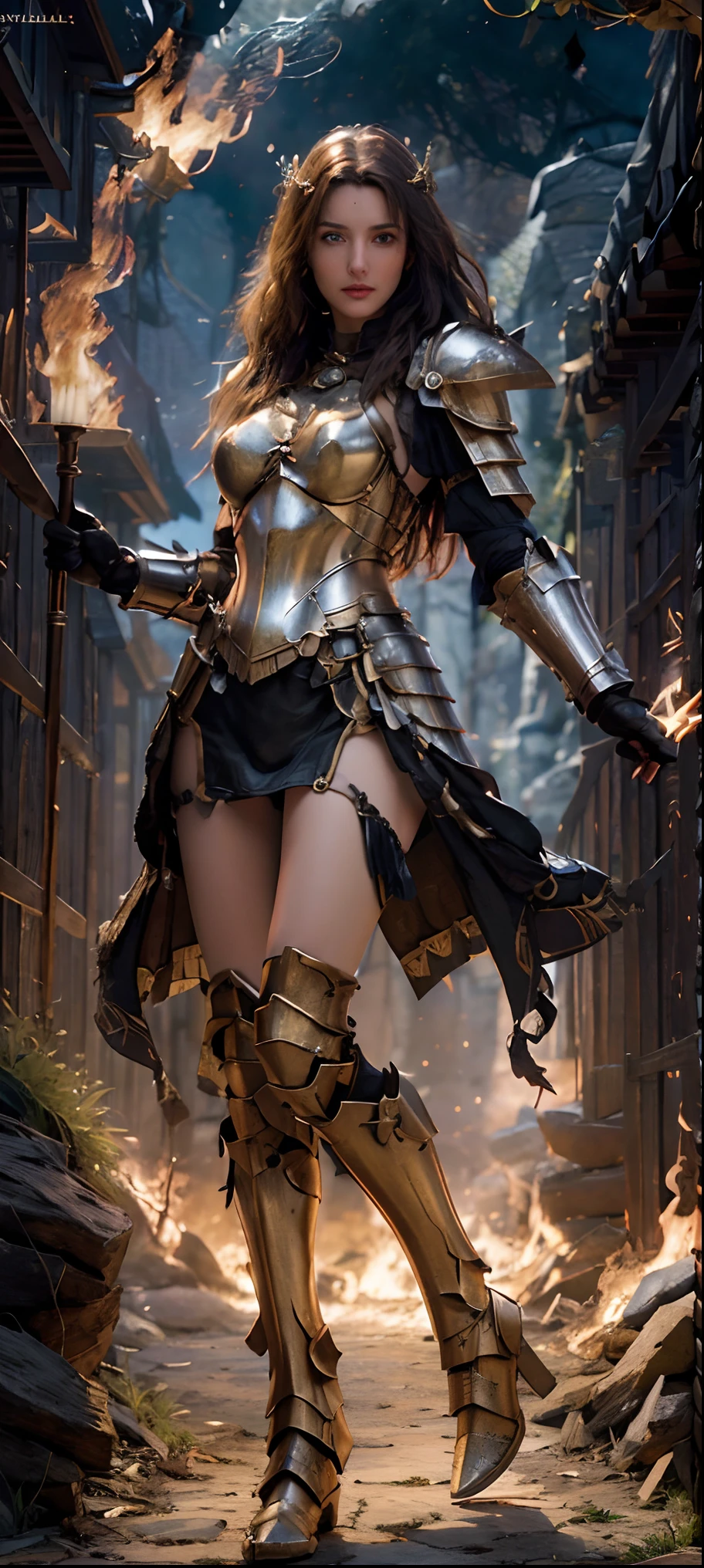 (masterpiece, 8k , embossed, extreme realistic, realistic realistic realistic, 4d, professional enhanced). a woman in armor standing on a street with fire coming out of her, fantasy paladin woman, his eyes focused on the viewer in front of him, female paladin, gorgeous female paladin, female knight, armor girl, sexy bikini armor female knight, of a beautiful female knight, beautiful female knight, female warrior, girl in knight armor, fantasy warrior, fantasy knight, picture of female paladin, fantasy paladin