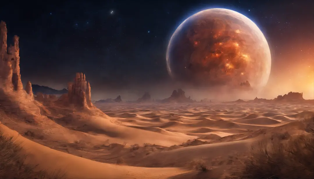 Huge planet, Abundant desert, the night, starrysky, surrealism, Masterpiece, A high resolution, 16k