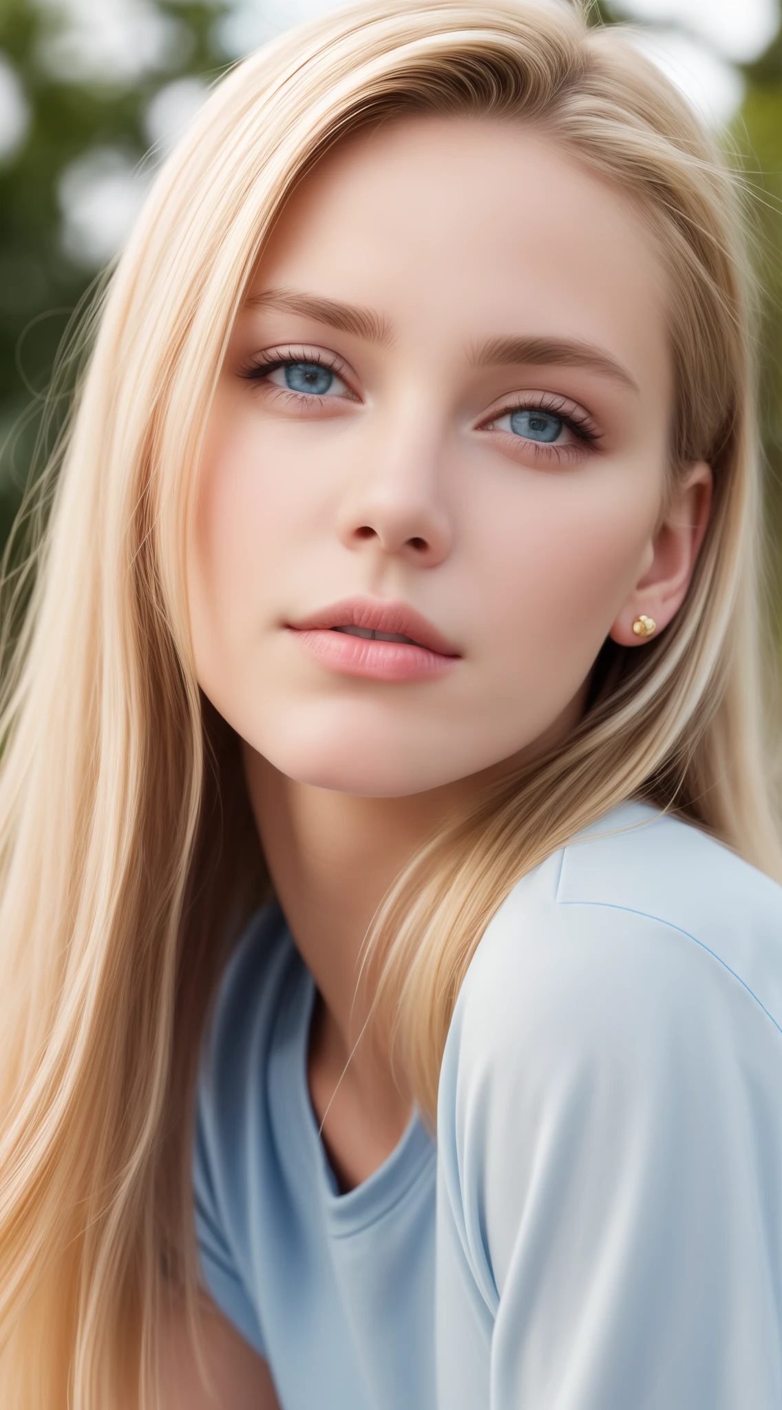 A woman with long blonde hair and blue eyes posing for a picture - SeaArt AI