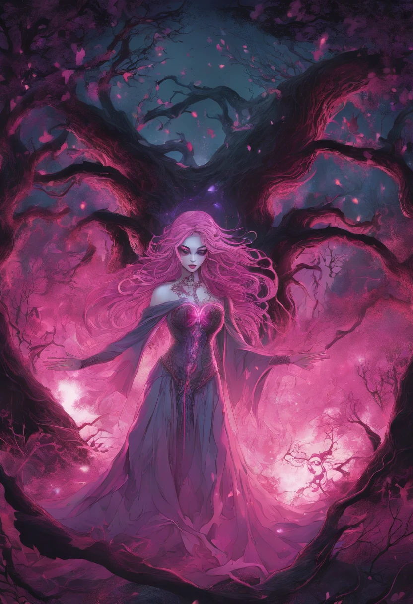 (a pink-haired demon woman,spells:1.1,glowing:1.1)(illustration)(best quality,ultra-detailed,realistic:1.37),demonic witch(demonic:1.1)(magic:1.1)(forest)(dark and mysterious,ominous atmosphere),casting powerful spells,creating magical energy(magic:1.1),vibrant pink hair(swirling pink hair)(flowing pink hair),horns(devil horns:1.1),piercing red eyes,enchanted scepter(magical scepter),elaborate dark robe,glowing magical sigils,fiery embers swirling(magical embers:1.1)(glowing embers),magical aura(glowing aura),eerie shadows,otherworldly presence(presence),sinister smile,nightfall in the background(dark night:1.1)(moonlit forest),lush and dense foliage(twisted trees)(mystical plants:1.1),mystical particles(swirling particles)(floating particles),ethereal glow(ethereal:1.1)(soft glow),faint moonlight breaking through the trees,haunting and captivating(scary atmosphere),bewitching beauty,wide range of colors(vivid colors)(contrasting colors),mystical realm,impressive details,dynamic composition,mesmerizing artwork,photorealistic style(picasso style),impressive shading and lighting,explosive energy,magical atmosphere(fantasy atmosphere),dreamlike scene