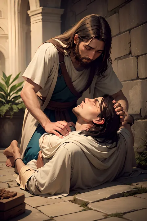 Jesus healing a blind man who is kneeling on the ground with his face toward Jesus' hand