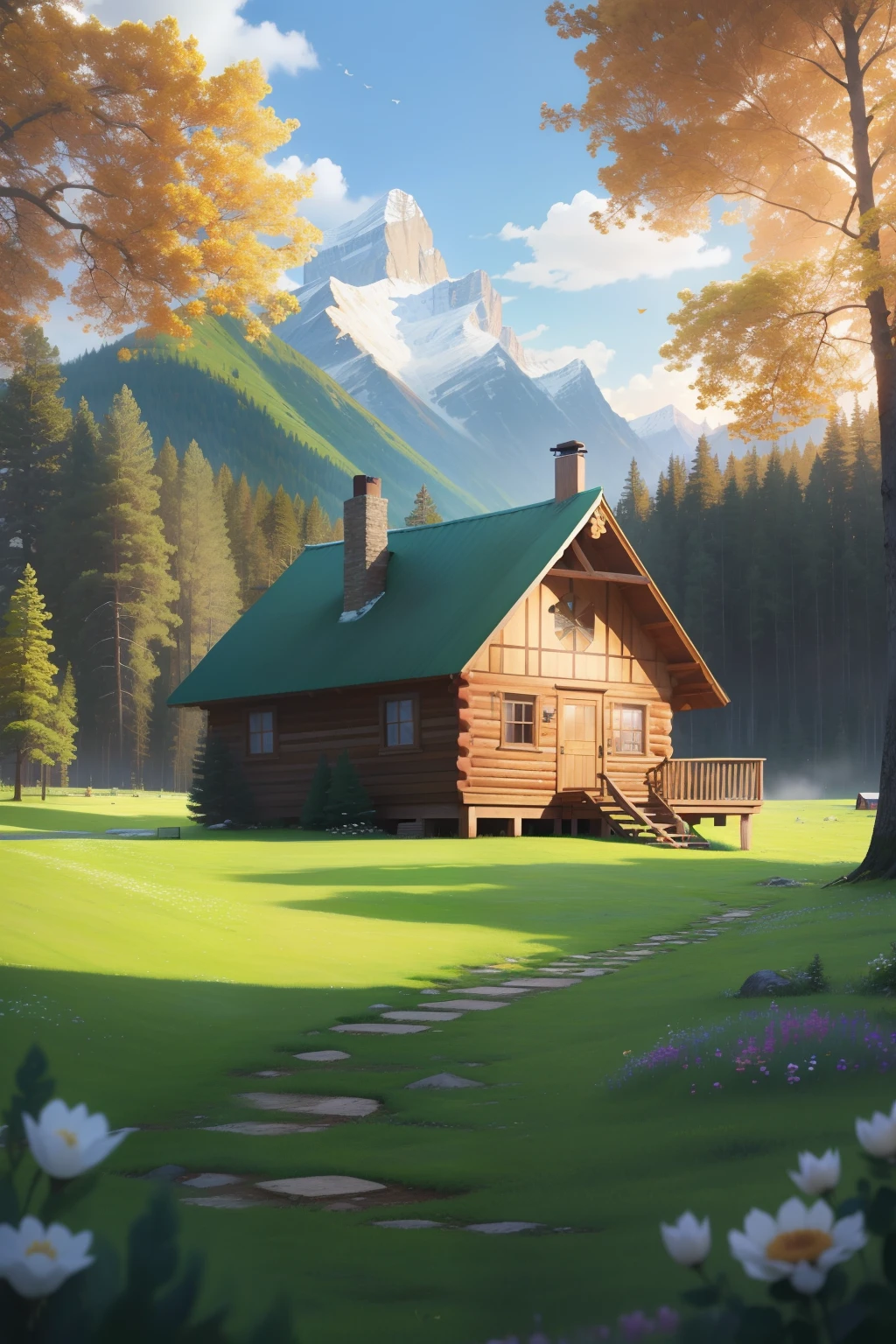 springtime, wooden cabin，first person perspective, ccurate, A high resolution