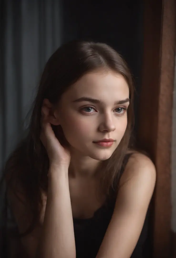 Portrait of a cute 15 year old girl with perfectly beautiful face, russian, (Dark private studio apartment, darkly, Atmospheric light: 1.2)