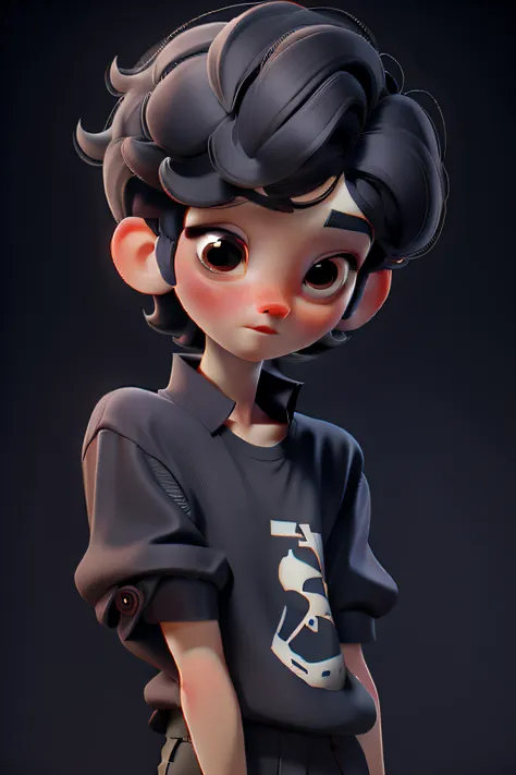 charact. full bodyesbian, 3D style face, Sweet and delicate boy, with short black hair,Black T-shirt,
