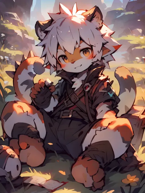 A little boy in a beautiful and enchanting landscape，Lying in a wheat field, trending on artstation pixiv, Guviz-style artwork, Very handsome， Guviz, Guweiz on ArtStation Pixiv, young male anthro dragon，Red scales，White hair，long distance photo，male people...