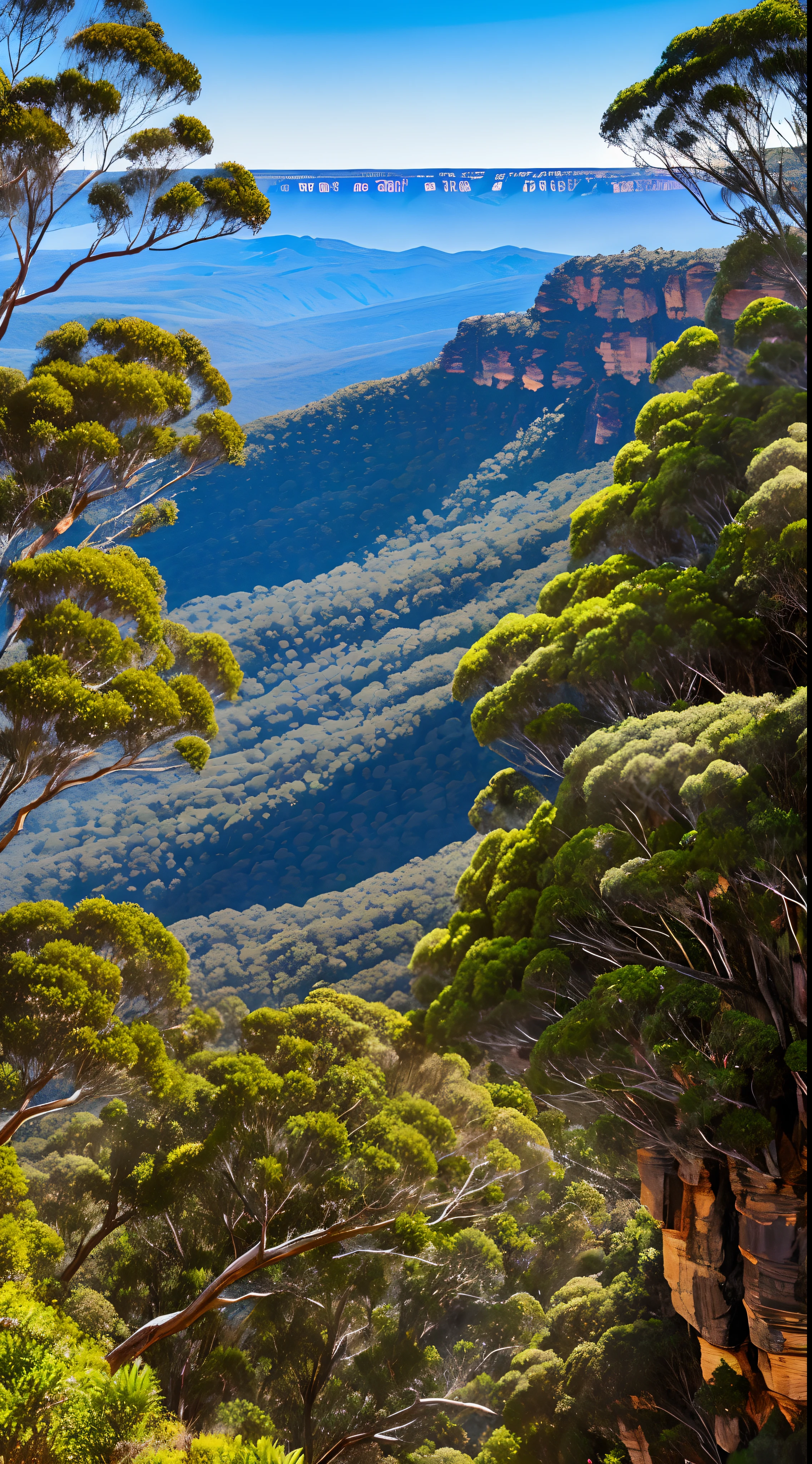 Blue mountains landscape, Katoomba, Australian bushland, sunny, rock faces, eucalyptus trees, hdr, photo realistic