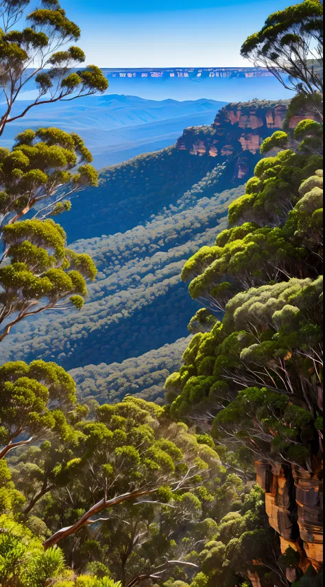 blue mountains landscape, katoomba, australian bushland, sunny, rock faces, eucalyptus trees, hdr, photo realistic