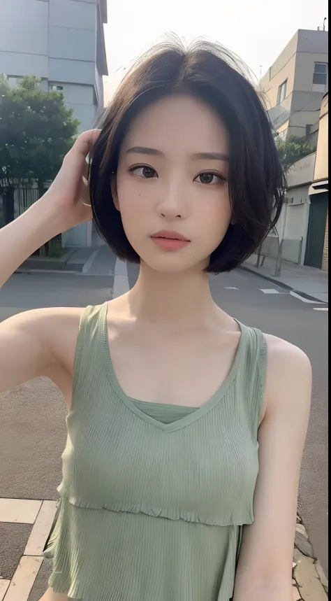 ((Best Quality, 8K, masutepiece :1.3)), Sharp Focus :1.2, Perfect figure beautiful woman:1.4, Slim abs:1.2, ((Short hair in layers:1.2)), (tanktop shirt:1.1 ), (the street:1.2), Highly detailed facial and skin texture, A detailed eye, 二重まぶた