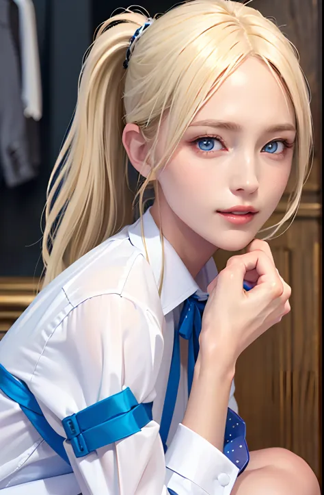 cleanness、wet​、(((gradients)))、Collared shirt、1girl in、NSFW、(((White Swedish platinum blonde woman with blue eyes and long hair)...