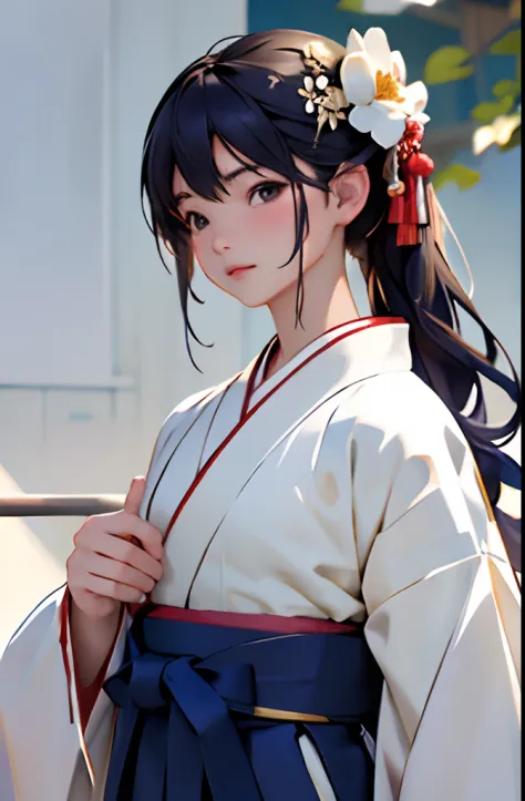 top-quality、​masterpiece、超A high resolution、(Realistic:1.4)、Anime style、女の子 1 人、14years、Floral hair ornament、Standing、Large brushes、Calligraphy Performance、White jacket and navy blue hakama、Hakama、school gym