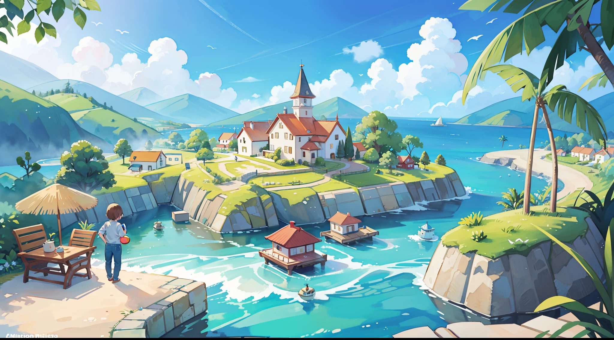 ((Picture book illustration)), Ocean Fantasy, watercolor illustration, capricious, Hot colors, village, houses, huge lighthouse, ((master part)), highly detailed environment