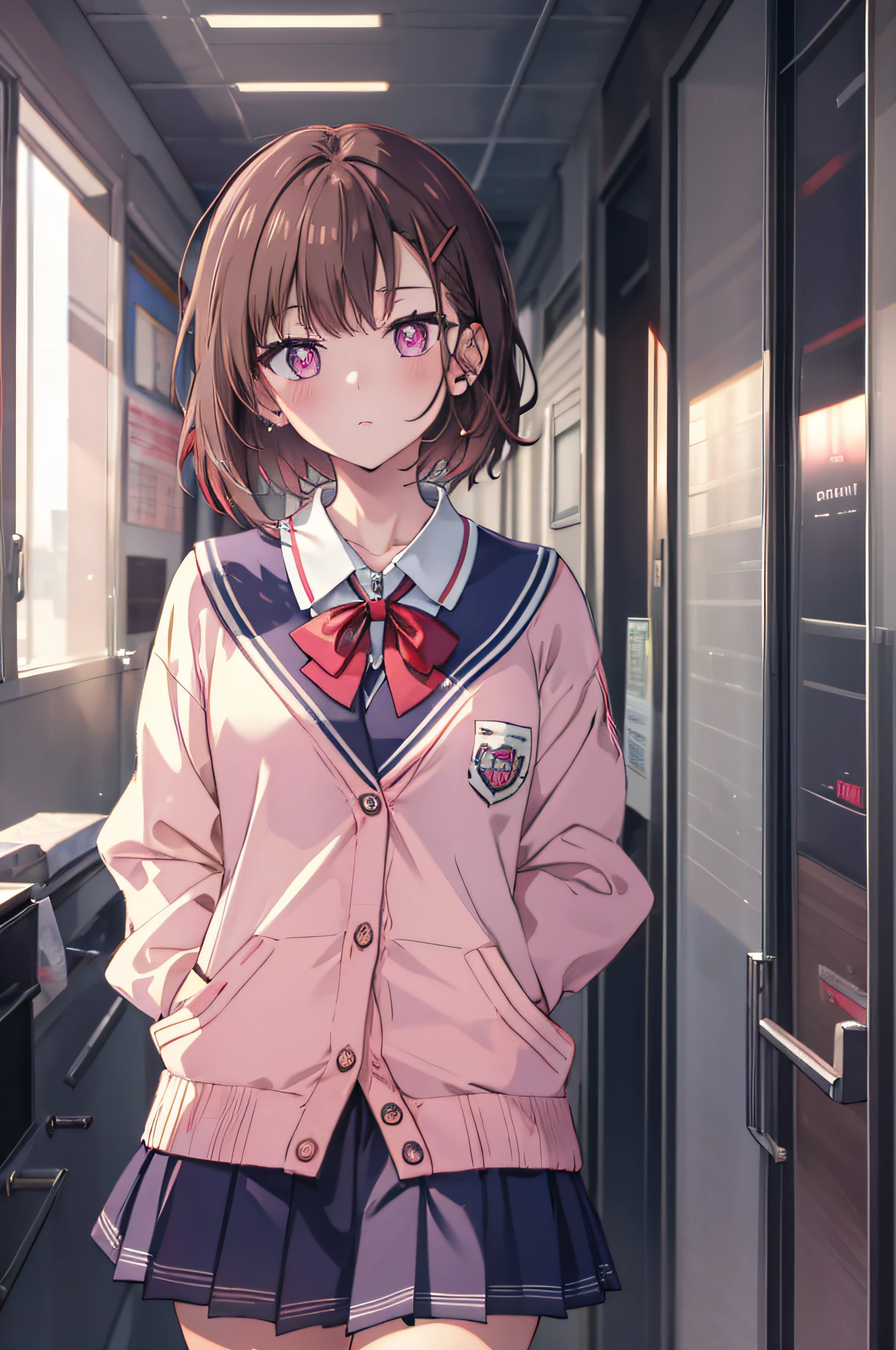 Masterpiece, Best Quality, High Resolution, Ultra High Resolution, Depth Of Field, short hair, brown hair, pink eyes, hair pin, school uniform, cardigan