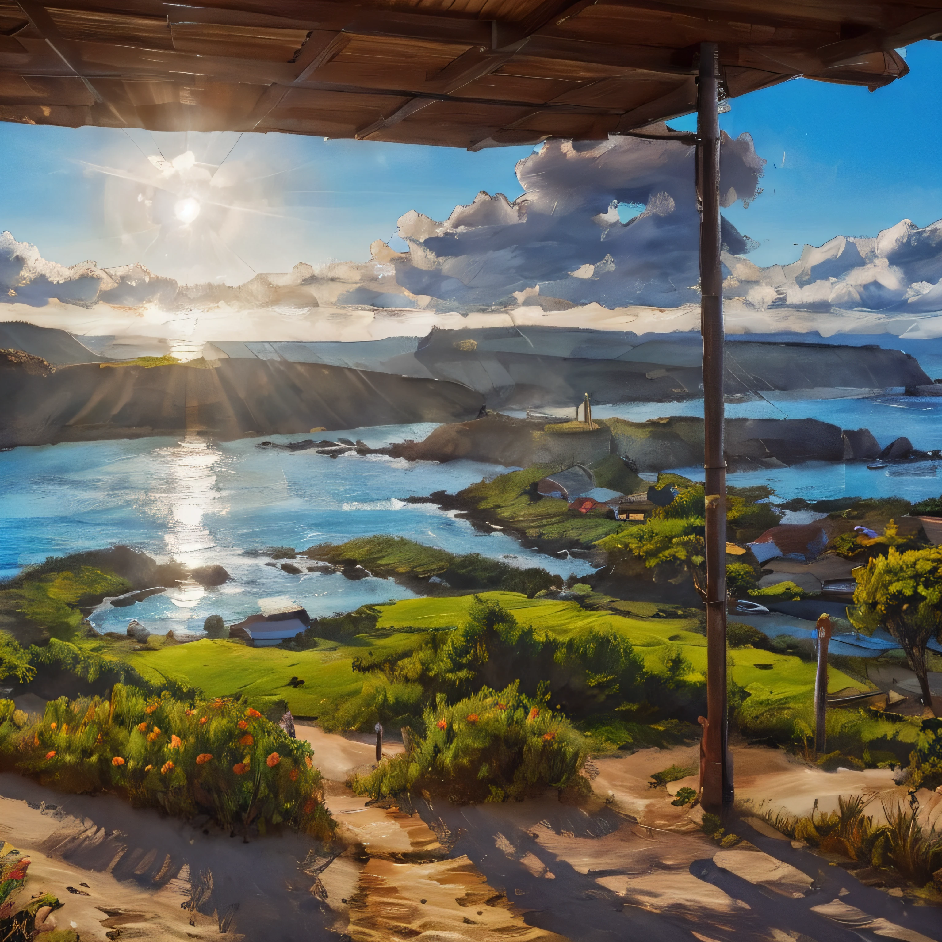 亚速尔群岛风格的海滨别墅, 屋顶上有光伏太阳能电池板, 太阳在背景中, 画, 快乐的一天, 现实主义者, 巨大的细节