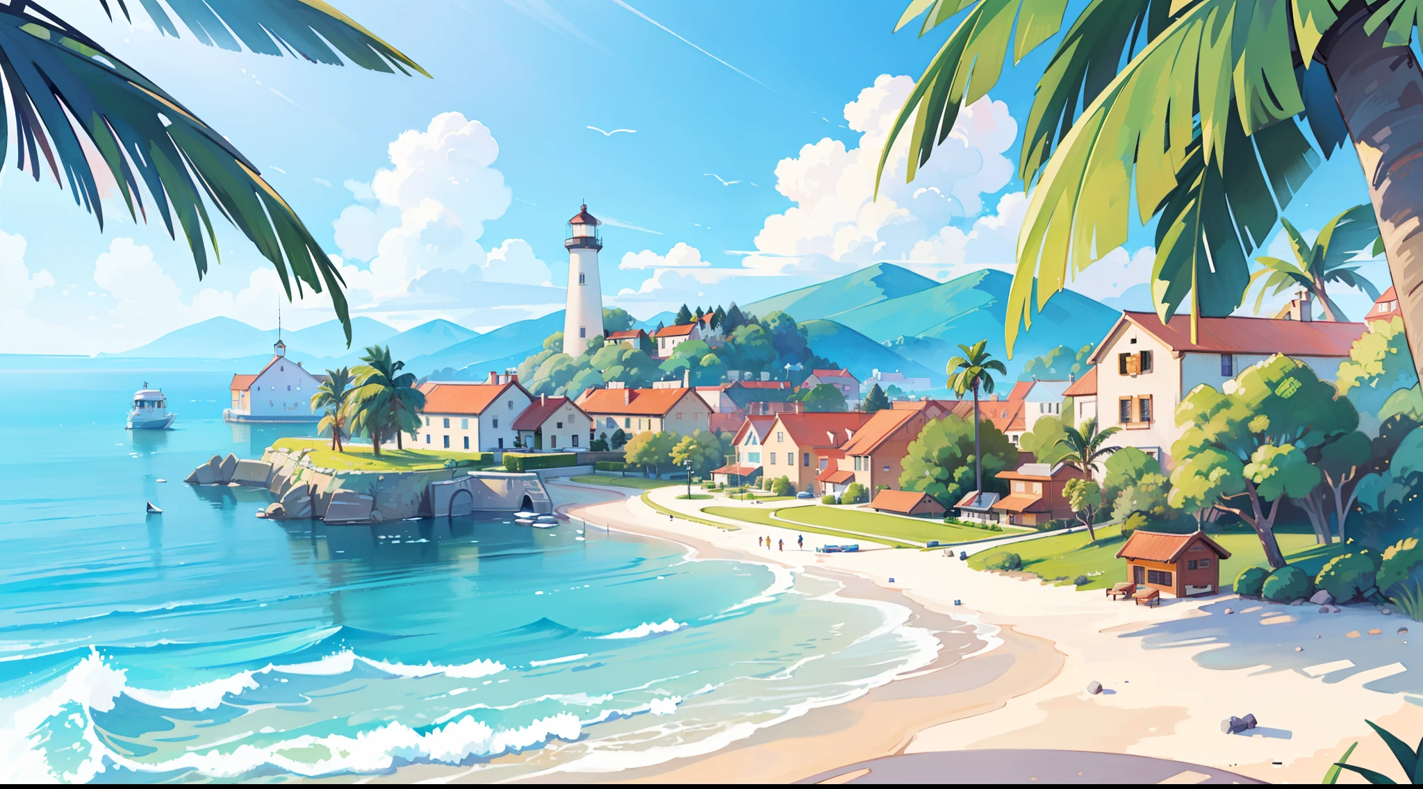 (best quality,4k,8k,highres,masterpiece:1.2),ultra-detailed,(realistic,photorealistic,photo-realistic:1.37),picture book illustration,ocean fantasy,watercolor illustration,extravagant and warm colors,village,houses,palm trees,huge lighthouse,highly detailed environment