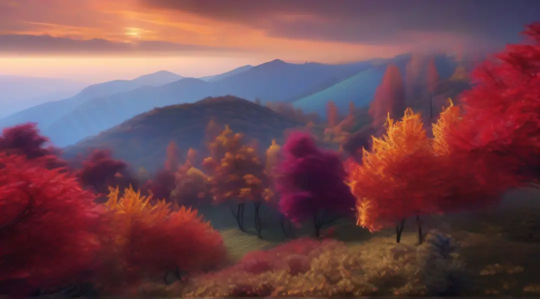 (best quality,4k,8k,highres,masterpiece:1.2),ultra-detailed,(realistic,photorealistic,photo-realistic:1.37),autumn at Fragrant Hills,abundant chestnut leaves covering the mountains,dark purplish-red color,like flames,with spruces and cypresses interspersed...