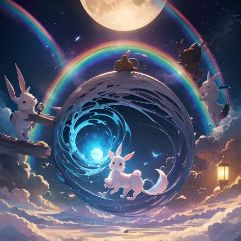 finest image, fantasy, deformed, cute, detailed and delicate depiction, a beautiful big rainbow shining in the night sky, cute small rabbits and squirrels are running around on the rainbow, the background is space, the moon, and shooting stars, professiona...
