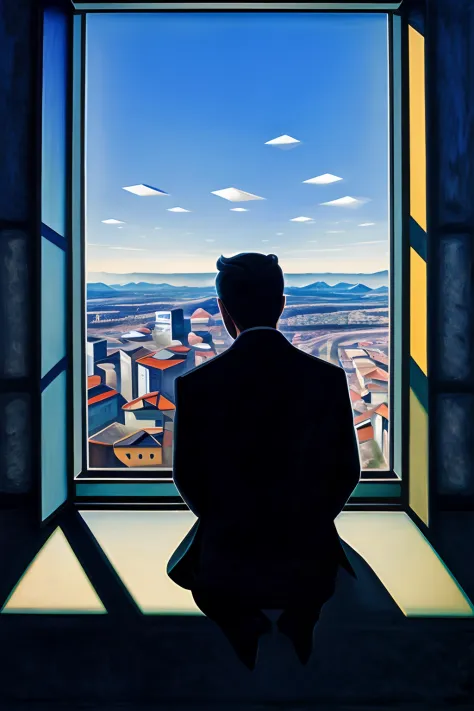 the man sits in front of the window（back shadow），look at the city in the distance，in the daytime