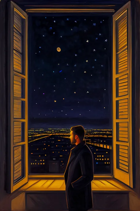 man looking at the city in front of the window，background night