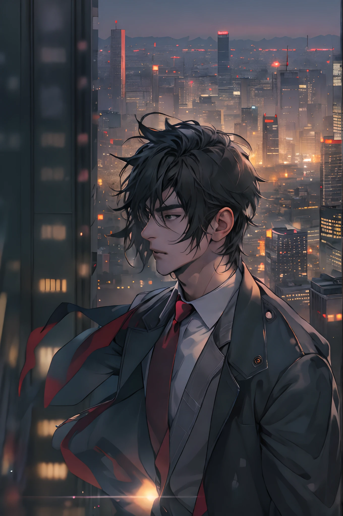 1man,masterpiece,best quality, ultra high res, dusk,cityscape,depth of field, short black messy hair, solo male