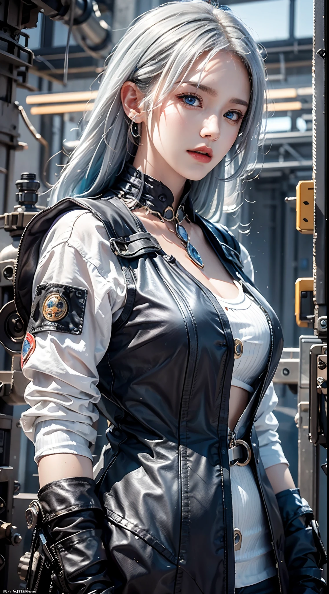 photorealistic, masterpiece, photorealistic, high resolution, soft light, waist up, blue eyes, white hair, long hair, color leather vest with gears, techwear, jetpack, workshop in background, machines, gears, steam, industry, technology, furnace, grime, anvil, buttons, levers, automaton, electricity, electric sparks epic atmosphere