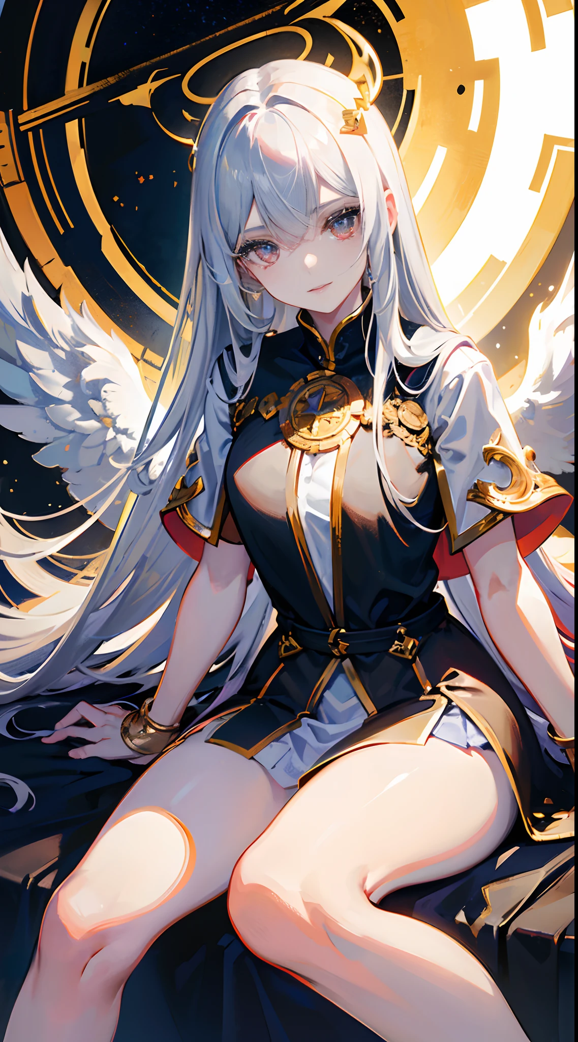 Full-body, silver-haired young girl, golden eyes, angelic body, and white armor with a mini skirt, wield a spear, wear a cloak and golden crown, sitting on the throne of golden sun, white wings, heavenly sun, and dawn background scene, the magic circle with diamond star,  brave smile, stable diffusion v5, anime style v3, lora style v5, dynamic, image enhance, dream shape, vibrant, realistic face, 8k quality, upscale, sharp focus.